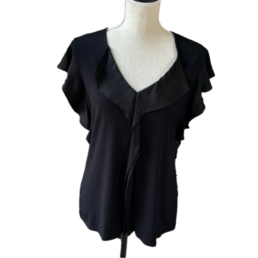 H by Halston Black Sleeveless Ruffled V-Neck Top Rayon Spandex Blend Size Small